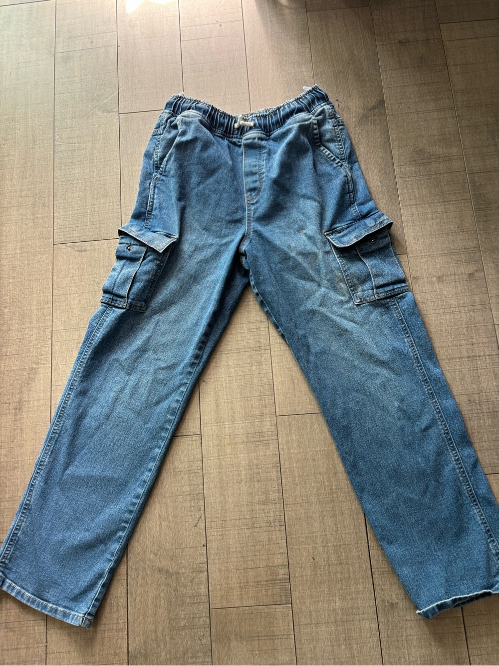 Blue Faded Cargo Denim Pull On Pants with Side Utility Pockets & Stretch Waist